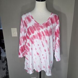 Chico's Zenergy Pink and White Tie-Dye V-Neck Top Women's Size Large
